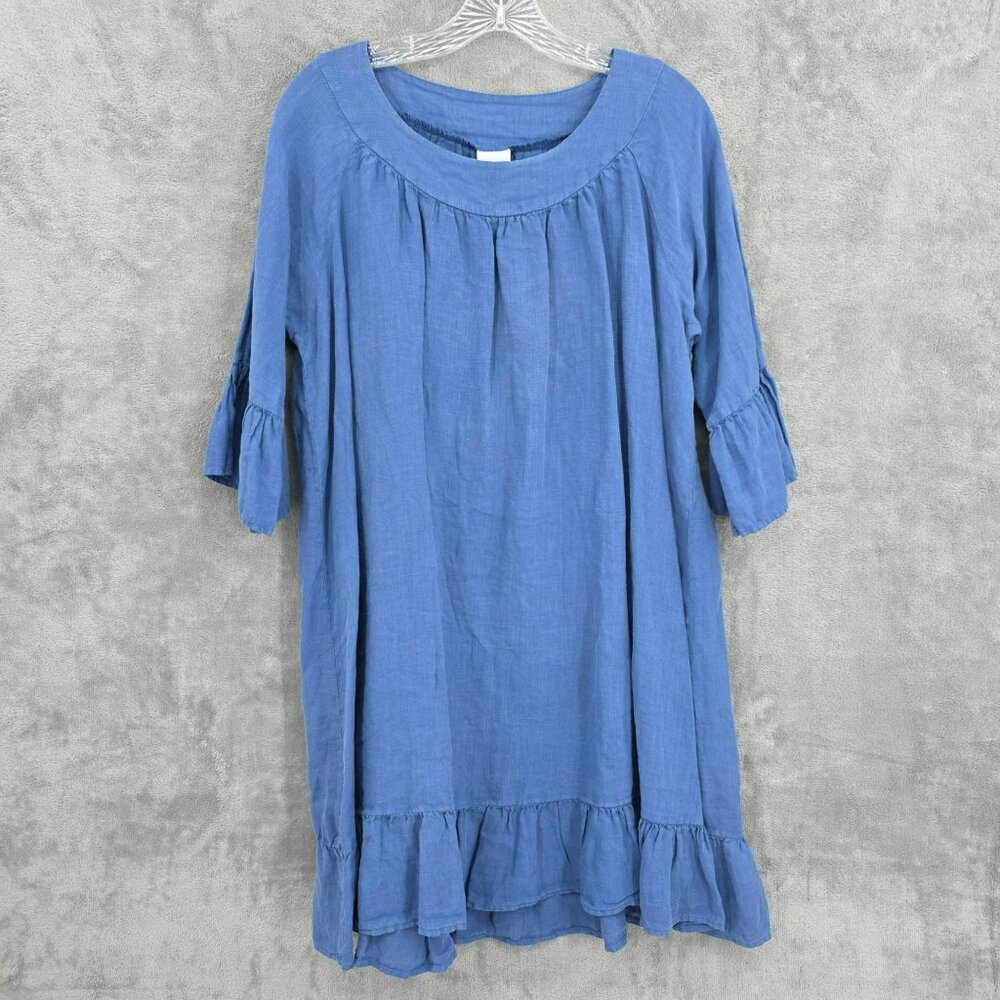 Match Point Linen Drop Waist Mini Dress M Blue USA Made Ruffle Breezy Beach Boho
